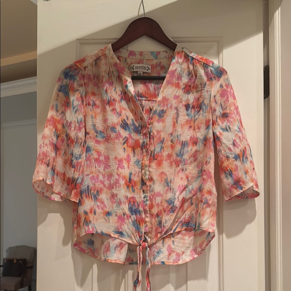 Nannette Pink and Blue 3/4 Sleeve Tie Front Blouse